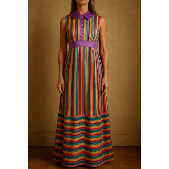 Vintage Dresses & Skirts - WOW! Rare Colorful Rainbow 1960s-1970s Sleeveless Maxi Dress w Collar Small JL